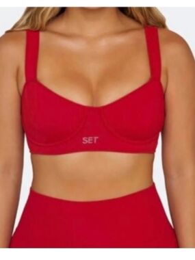 SET ACTIVE Women’s Red Ribbed Wireless Sports Bra M Pullover Wide Strap Logo